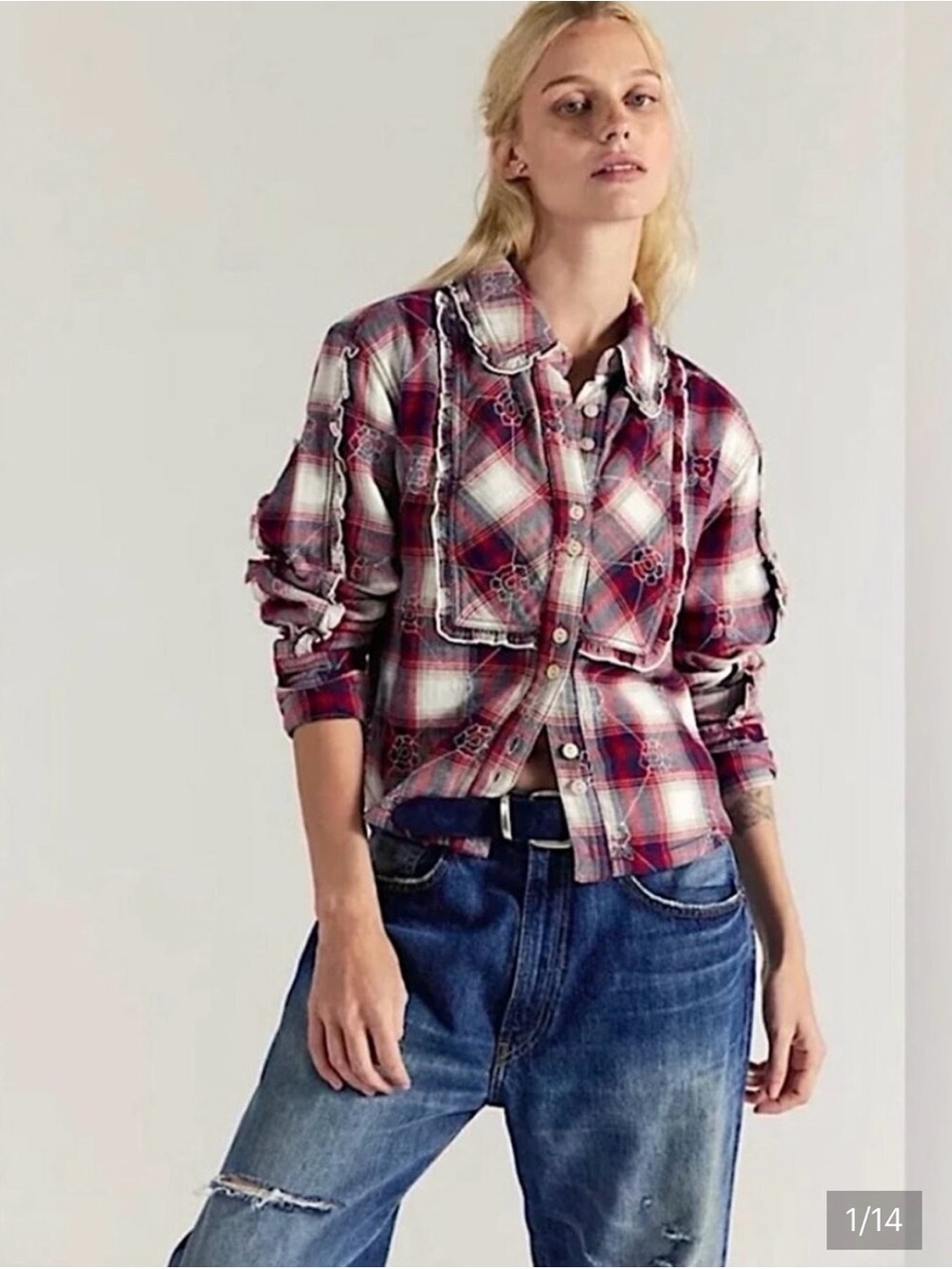 Free People/ We The Free Georgia Plaid Embroidered In Ivory Combo Size Large - Picture 2 of 8